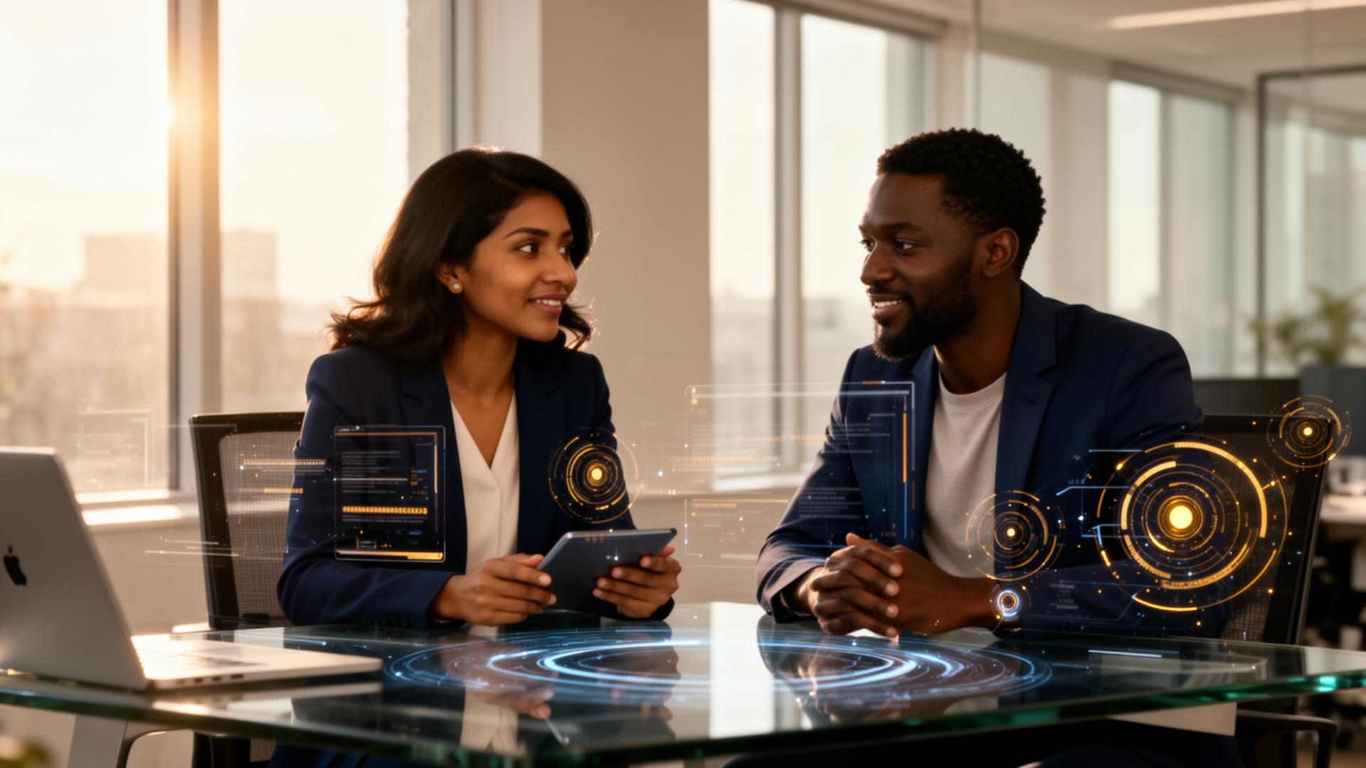 Diverse professionals collaborating with AI interfaces